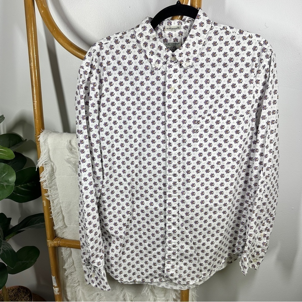Mens J.Crew White Floral Purple Slim Untucked Button Down sz L